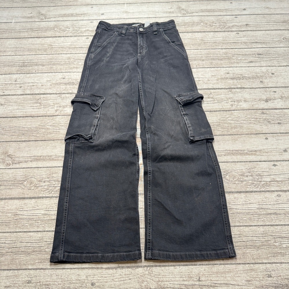 H&M Cargo Pants Women's 26 Black Wide Leg Low Waist Baggy Utility Streetwear Y2K